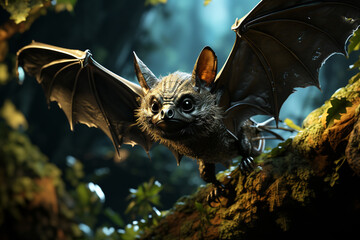 Aufkleber - A photograph of a bat in its natural habitat, surrounded by lush foliage or cave formations.  Generative AI.