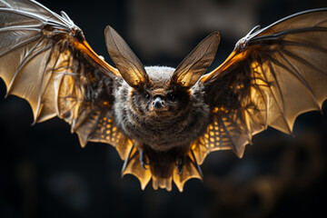 Poster - An image of a bat in flight, with its wings fully extended, displaying the intricate web of skin and bones that allows it to fly effortlessly.  Generative AI.