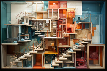 Poster - A mixed-media collage featuring a combination of real-life photographs and abstract geometric elements to create a visually intriguing representation of stairs.  Generative AI.