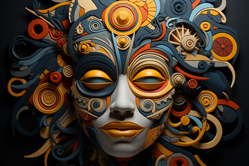 Poster - A digital artwork featuring an abstract geometric mask composed of intricate patterns and shapes.  Generative AI.