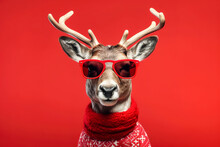 Reindeer With Glasses On Red Background In Christmas Costume