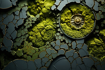 Poster -  of moss growing on a stone surface, where the intricate patterns and textures of the moss create a captivating display of geometric forms.  Generative AI.