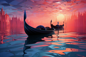 Aufkleber - A digital illustration of Venice gondolas, rendered in a geometric style. Generative AI.