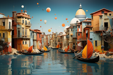 Poster - A collage artwork featuring Venice gondolas, combining cut-out elements, textures, and abstract shapes. Generative AI.