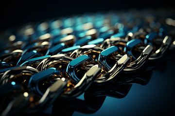 Leinwandbilder - Massive golden braided chain on a dark background. Golden heavy metal chain texture, Generative AI.