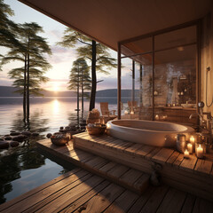 Poster - A photograph depicting a sauna by the waterfront, allowing individuals to enjoy the sauna experience while enjoying scenic views.  Generative AI.