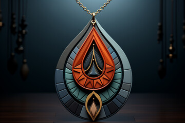 Poster - An image portrays an abstract vat geometric style pendant necklace, with a pendant crafted from intersecting geometric shapes and suspended from a delicate chain, Generative AI.