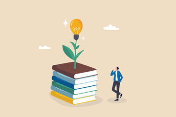 Knowledge, wisdom to create new idea, creativity or innovation from reading books, education or learning new skill to success, study or library, smart young man with book stack with light bulb plant.