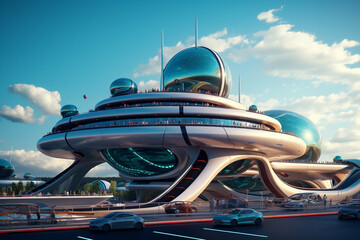 Fototapete - A digital art concept piece showcasing futuristic technology and architecture, envisioning a world where advanced technologies and design intersect.  Generative AI technology.