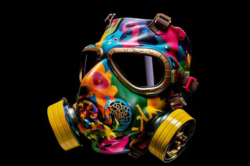 Wall Mural - A photograph of a gas mask covered in colorful graffiti or stickers, representing individual expression and appropriation of the mask for personal identity.  Generative AI technology.