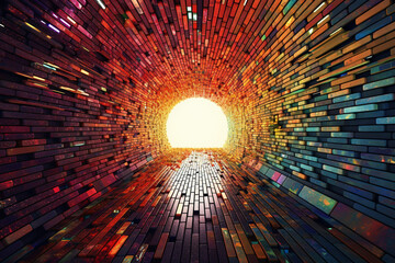 Poster - A graphic design illustration of a tunnel with multicolored geometric shapes, symbolizing the convergence of different paths and possibilities. Generative AI technology.