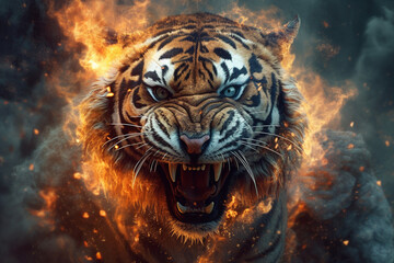 Poster - A digital illustration of a Tiger engulfed in flames, symbolizing destruction, chaos, or revolution. Generative AI technology.