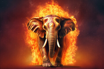 Poster - A digital illustration of a Elephant engulfed in flames, symbolizing destruction, chaos, or revolution.  Generative AI technology.