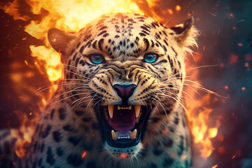Poster - A digital illustration of a Leopard engulfed in flames, symbolizing destruction, chaos, or revolution.  Generative AI technology.