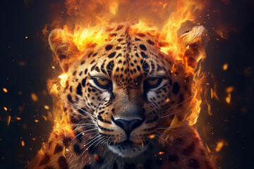 Fototapete - A digital illustration of a Cheetah engulfed in flames, symbolizing destruction, chaos, or revolution.  Generative AI technology.