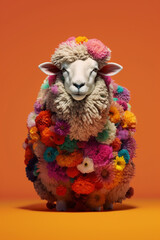 Poster - A conceptual image of a Sheep made from unconventional materials, such as flowers or feathers, challenging the perception of Sheep as solely utilitarian objects.  Generative AI technology.
