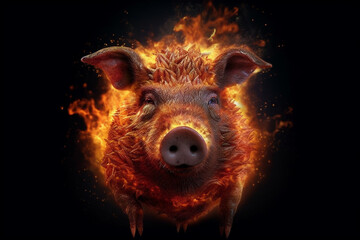 Poster - A digital illustration of a Pig engulfed in flames, symbolizing destruction, chaos, or revolution. Generative AI technology.
