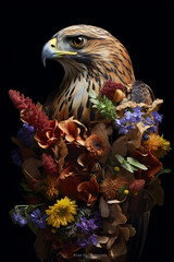 Fototapete - A conceptual image of a Hawk made from unconventional materials, such as flowers or feathers, challenging the perception of Hawk as solely utilitarian objects. Generative AI technology.