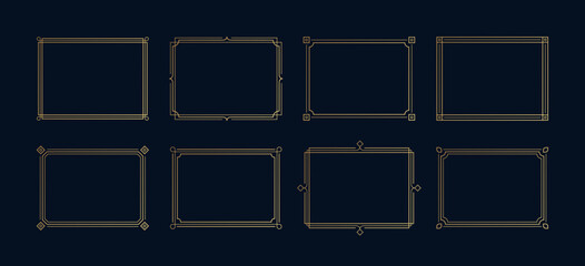 Decorative art deco frames in gold color. Line art decorative borders. Vintage frames for wedding, decoration, antique design, borders and deco divider. Vector illustration
