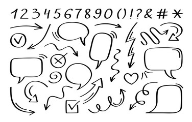 Fototapete - Super set different hand drawn element. Collection of speech bubble or chat bubble with arrows, hearts, check mark and figures. Vector graphic design
