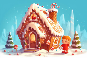 Canvas Print - child play at gingerbread house christmas candy illustration Generative AI