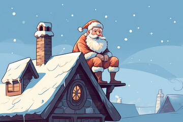 Sticker - santa claus sit on house roof illustration Generative AI