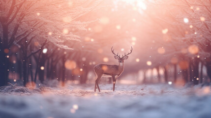 Merry Christmas background with snow light and beautiful deer in the winter forest. Generative AI