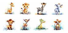 African Savannah Cartoon Animals Set.  Post Processed AI Generated Image.