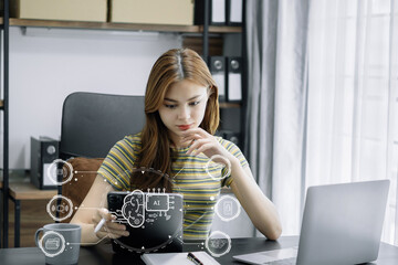 Artificial Intelligence technology. woman using a smartphone and laptop computer chatting with an intelligent artificial intelligence. Futuristic technology, automate Chat Bot, Smart Ai.