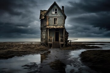 Old derelict building with dark grey overcast sky.