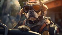Dog Is Riding A Motorcycle Wearing A Helmet And Goggles