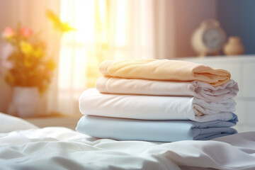 Stack of clean linens and sheets on a blurred background. Generative AI