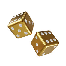 Concept Of Gamble Two Gold Dice And White Dot Isolated On White Background. Gold Dice And White Dot Isolated. Gold Dice Isolated 3d Render Illustration