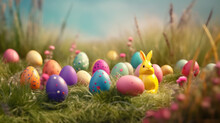 Multicolored Easter Eggs Lined Up In A Row On The Background Of Grass. Generative AI