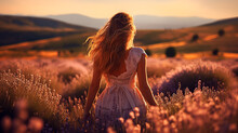 Back View Young Woman Standing In Blooming Lavender Field View.