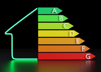 energy efficiency rating chart and house on black background. ecological and bio energetic home. ene
