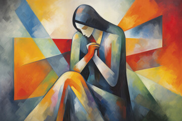 Wall Mural - Digital painting of a woman praying in front of a colorful background.