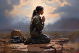 Woman soldier praying in the desert with mountains and clouds in the background