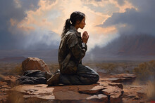 Woman Soldier Praying In The Desert With Mountains And Clouds In The Background