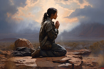 Wall Mural - Woman soldier praying in the desert with mountains and clouds in the background