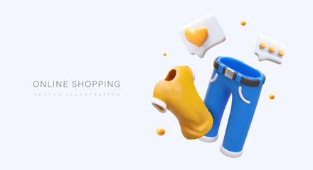 Online shopping. 3D yellow t shirt, blue jeans. Icons of comments, likes, text. Customer reviews, rating. List of favorite products. Cute advertising concept for clothing store, website