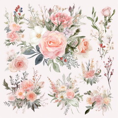  Blumen zum Dekorieren einer Hochzeitskarte, Pfingstrosen, hellrosa Aquarell Stil, einzelne Gestecke 10, AI generiert