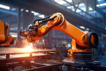 Fototapete - Robotic arm for electronic assembly line. Smart modern factory automation using advanced machines. Generative AI