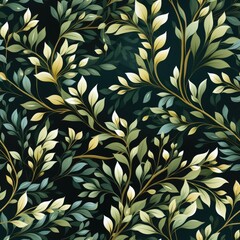 Poster - Seamless pattern of branches and leaves on a green background. Generative AI