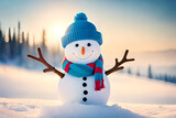 Fototapeta Na sufit - Winter holiday Christmas background banner - Closeup of the cute funny laughing snowman with a wool hat and scarf, on a snowy snow snowscape with bokeh lights, illuminated by the sun