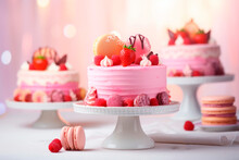 Beautiful Cakes And Desserts In Pink Tones On A Pink Background. Wedding Cake. Birthday Cake. Valentine's Day Cake.