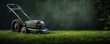 Lawn mower on perfect cut green grass, dark green leaf wall, panorama. Generative Ai.