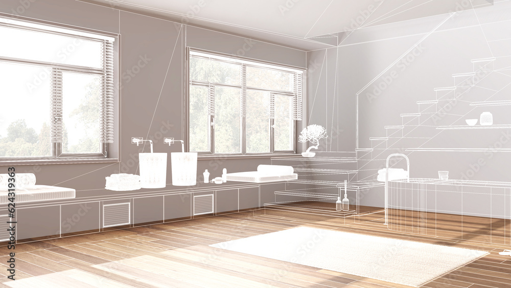 Empty white interior with parquet floor, custom architecture design ...