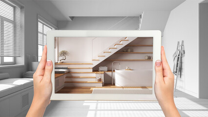 Wall Mural - augmented reality concept. hand holding tablet with ar application used to simulate furniture produc
