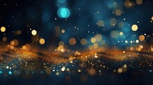 Abstract Background With Dark Blue And Gold Particles, Golden Christmas Light Particles Shine Bokeh On A Dark Blue Background, Gold Foil Texture Concept.